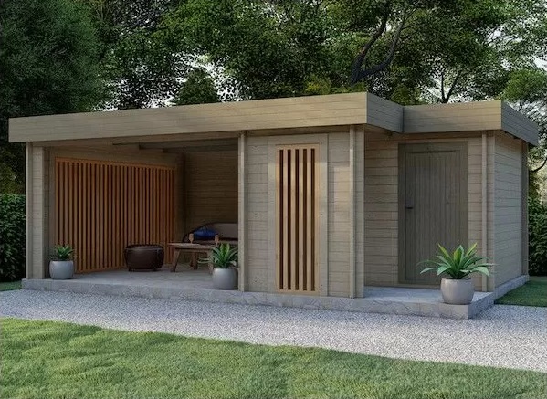 pool house contemporain en bois avec abri terrasse